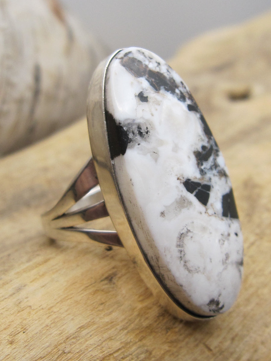Native American Made Contemporary Style White Buffalo Stone and Sterling Silver Ring
